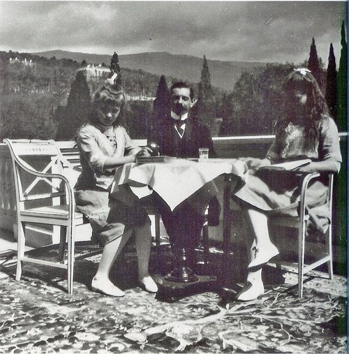 Anastasia (left) and Marie with their French tutor, Pierre Gilliard, at Livadia Palace..jpg